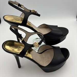 MICHAEL Kors Black Leather Platform Stiletto heels Sandals Gold Pendant 9 M